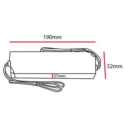 Strichzeichnung eines rechteckigen LED-Steuergeräts mit folgenden Abmessungen: Länge 190 mm, Breite 37 mm, Höhe 52 mm; das Kabel wird an einem Ende herausgeführt.