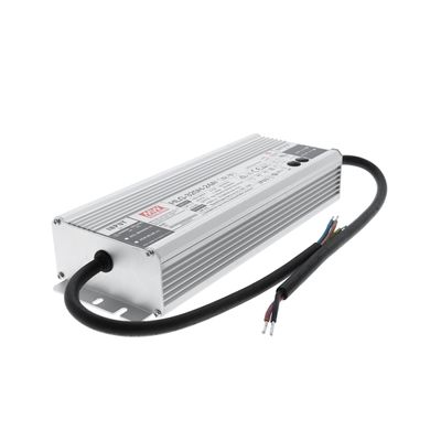 Silberfarbenes rechteckiges LED-Netzteil mit der Aufschrift "Mean Well HLG-320H-24B" mit schwarzem Kabel für LED-Beleuchtungslösungen.