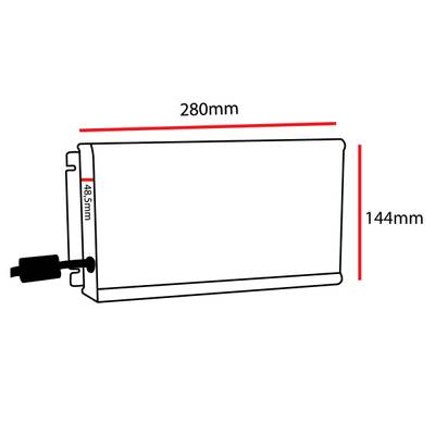 Diagramm mit den Abmessungen einer rechteckigen elektronischen Vorrichtung: 280 mm Breite, 144 mm Höhe und 48,5 mm Tiefe; ausgestattet mit einer seitlichen Stromzuführung, ideal für LED-Beleuchtungsanwendungen.