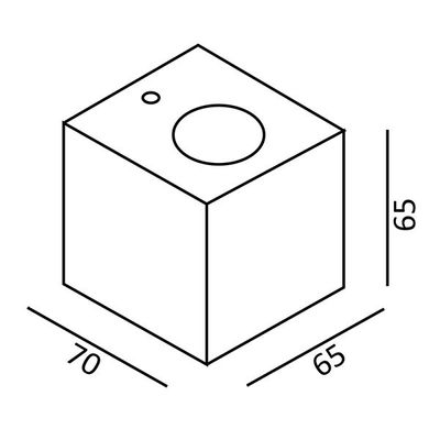 Isometrisches Würfeldiagramm mit den Abmessungen 70x65x65 mit kleinen und großen Kreisen oben, die die Designmerkmale der LED-Beleuchtung hervorheben.