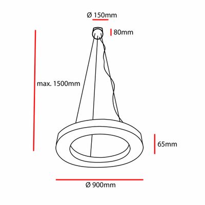 Strichzeichnung einer runden Pendelleuchte, Durchmesser 900 mm, oberer Durchmesser 150 mm, Höhe 65 mm, maximale Fallhöhe 1500 mm für LED-Beleuchtungsbewegung SEO.