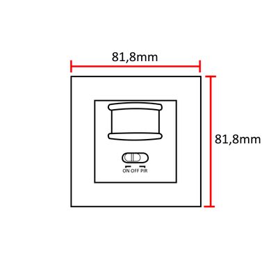 Roter quadratischer Sensor mit "On/Off PIR"-Schalter, Abmessungen 81,8 mm x 81,8 mm, für LED-Beleuchtungsgeschäft.