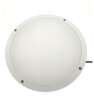 Minimalistische runde weiße LED-Deckenleuchte mit vier sichtbaren Schrauben.