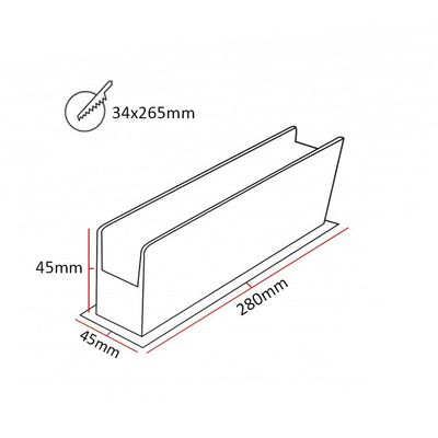Schema einer rechteckigen LED-Leuchte, Abmessungen: 280x45x45mm, mit 34x265mm Öffnung für eine effiziente Beleuchtungsinstallation.