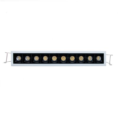 Rechteckige LED-Leuchte mit 10 runden Lichtern in einer Reihe, schwarzes und silbernes Dekor, ideal für moderne Beleuchtungslösungen.