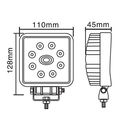 Schema einer quadratischen LED-Leuchte mit einer Höhe von 128 mm, einer Breite von 110 mm und einer Tiefe von 45 mm; Vorder- und Seitenansicht zur Veranschaulichung der optimalen Abmessungen.