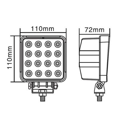 Schema einer quadratischen LED-Leuchte mit 16 Glühbirnen, Abmessungen 110 mm x 110 mm x 72 mm, geliefert mit Montagebügel. Ideal für energieeffiziente Beleuchtung.