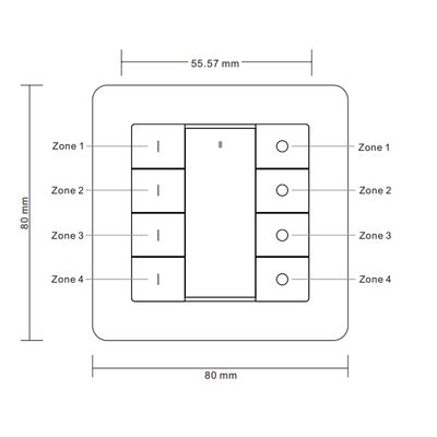 Schema eines intelligenten LED-Lichtschalters, 80x80 mm, mit vier Zonen, gekennzeichnet mit Zone 1 bis Zone 4, ideal für die präzise Steuerung und Anpassung der Beleuchtung.