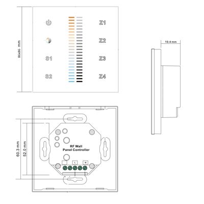 Diagramm der RF-Wandsteuerung, Vorder- und Seitenansicht; mit Tasten und Abmessungen in Millimetern für die Steuerung der LED-Beleuchtung.