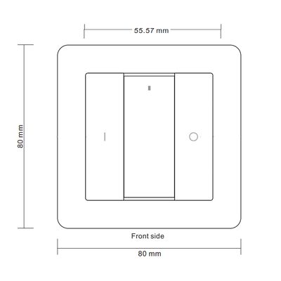 Schema eines quadratischen LED-Lichtschalters, 80x80 mm, Innenbreite 55,57 mm, ideal für energieeffiziente Beleuchtungslösungen.