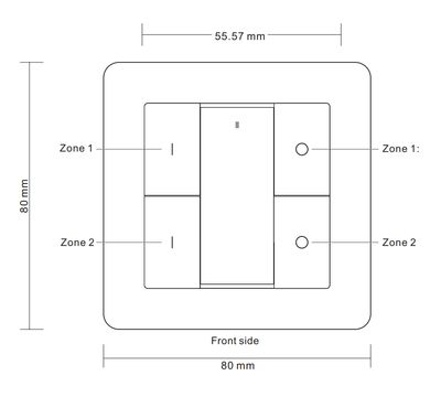 Schema eines quadratischen Schalters 80x80mm mit markierten Zonen: Zone 1 und Zone 2. Ideal für LED-Beleuchtungsanlagen.