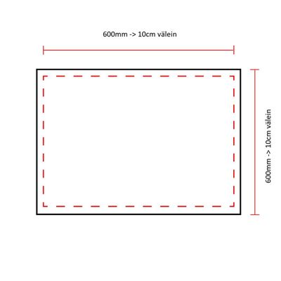 Rechteckiges Diagramm mit den Messintervallen von 600 mm bis 10 cm Breite und Höhe mit gestrichelten Linien für die Abmessungen der LED-Beleuchtung.