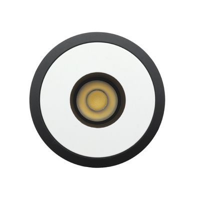 Obere Abbildung einer schwarz-weißen LED-Deckeneinbauleuchte, kreisförmiges Design mit gelben Details, perfekt für eine moderne Raumbeleuchtung.