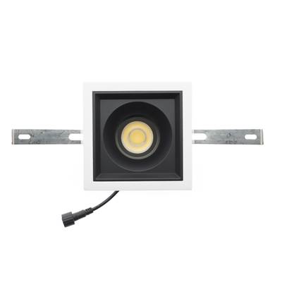 Rechteckiges LED-Einbaudownlight mit weißem Zierstreifen, Glühbirne in der Mitte, Montagebügel und seitlichem schwarzem Netzkabel. Ideal für moderne Beleuchtungslösungen.