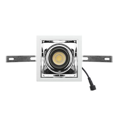 Rechteckige Deckeneinbauleuchte mit rundem LED-Leuchtmittel, Metallic-Finish, schwarzer Kabelanschluss - ideal für moderne Innenräume und energieeffiziente Beleuchtungslösungen.