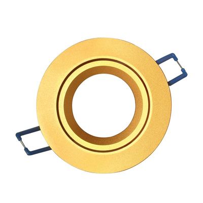 Goldfarbenes rundes LED-Einbaudownlight mit blauen Befestigungsclips, Oberseite weiß hinterlegt.