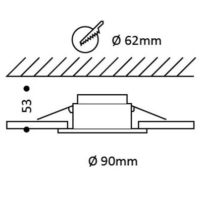 Technische Zeichnung einer LED-Einbauleuchte mit 62 mm Lichtaustrittsöffnung, 90 mm Durchmesser und 53 mm Tiefe