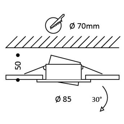 Einbauskizze für Deckenleuchte mit den Maßen: 70mm, 50mm, 85mm. Die Leuchte lässt sich durch die verstellbare LED-Beleuchtung in einem Winkel von 30° neigen.