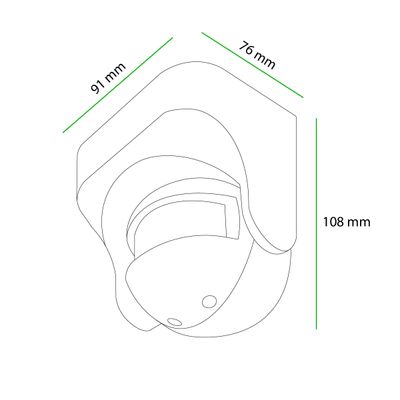 Strichzeichnung einer Überwachungskamera, Maße 91x76x108 mm, grün markiert, ideal für die SEO-Optimierung eines LED-Beleuchtungsshops.