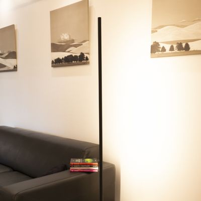 Minimalistischer Raum mit schwarzem Ledersofa, Bücherstapel, vertikale Säulenbeleuchtung; monochrome Landschaftsbilder an der Wand verstärken die LED-Umgebungsbeleuchtung.