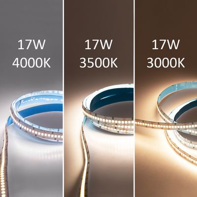LED-Streifen in drei vertikalen Richtungen "17W 4000K", "17W 3500K" und "17W 3000K" mit unterschiedlichen Lichttemperaturen.