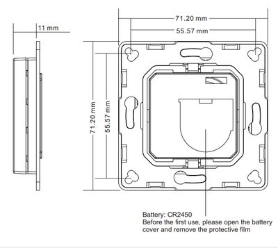 Diagramm mit den Abmessungen, Seiten- und Vorderansichten einer quadratischen LED-Leuchte. Anmerkungen: Batterietyp CR2450 und Entfernung der Schutzfolie.