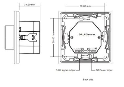 DALI-Dimmdiagramm: 59x59 mm große Platte, 31,20 mm tief; zeigt markierte DALI-Signalausgänge und AC-Stromeingangsanschlüsse für die LED-Beleuchtungssteuerung.