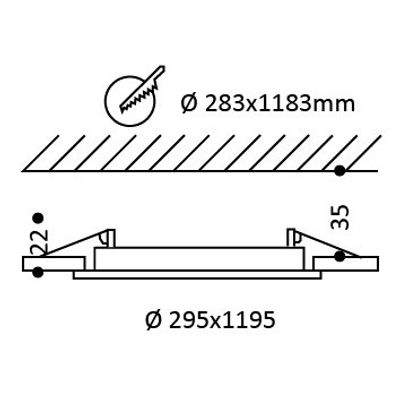 Technisches Diagramm der runden LED-Leuchte: Abmessungen Ø283x1183mm, 295x1195; verstellbare Höhe 22-35mm; mit Sägesymbol und markierten Abmessungen.