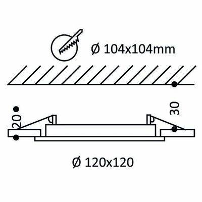 Diagramm einer LED-Einbauleuchte mit 104 x 104 mm Öffnung, 120 x 120 mm Größe und Seitenprofil für detaillierte Messungen.