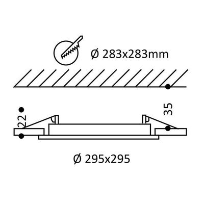 Technische Zeichnung: runde LED-Leuchte Einbauabmessungen 283x283mm Innenabmessungen, 295x295mm Außenabmessungen, 22mm Höhe, 35mm Abstand.