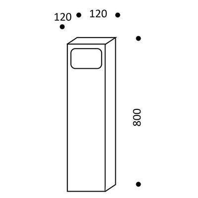 Isometrisches Bild einer Säule mit einer Grundfläche von 120 x 120 und einer Höhe von 800 mit Fensteröffnung oben, ideal für die Gestaltung von LED-Beleuchtung.
