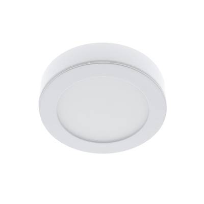 Minimalistische weiße runde LED-Deckenleuchte mit Blick nach unten vor weißem Hintergrund - modernes Lichtdesign
