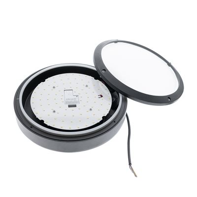 Runde LED-Deckenleuchte mit sichtbarer Verkabelung und LED-Array mit schwarzem Gehäuse und Glasdiffusor. Perfekt für energieeffiziente Beleuchtungslösungen.