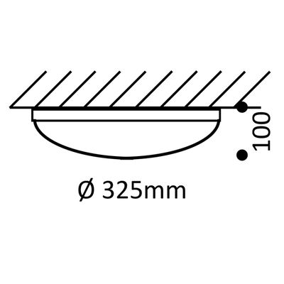 Schema der Deckenleuchte, Abmessungen: Durchmesser 325 mm, Abstand von der Decke 100 mm; ideal für LED-Beleuchtungslösungen.