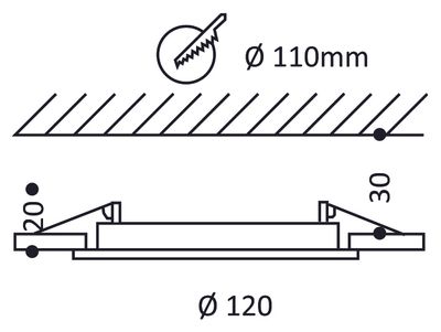 Technische Zeichnung eines runden LED-Leuchtelements mit 110 mm Durchmesser, mit präzisen Abmessungen und einem gezackten Abschnitt für eine genaue Passform.