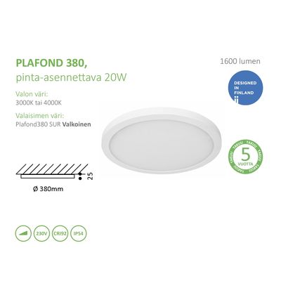 Runde weiße Deckenleuchte für den Anbau, 1600 Lumen, 380mm, 20W, IP54, finnisches Design. Erhältlich in 3000K/4000K. Ideale LED-Beleuchtungsoption.