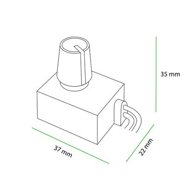 Isometrische Zeichnung einer LED-Komponente, Abmessungen 35x37x22 mm, angeschlossene Drähte