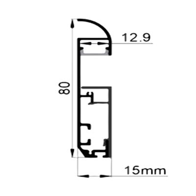Technische Zeichnung eines Querschnitts, eingezeichnete Maße: Höhe 80 mm, Breite 15 mm, gewölbte Oberseite 12,9 mm - LED-Beleuchtungselementplan.