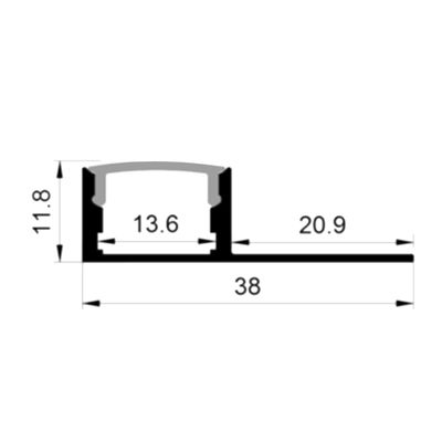 Technisches Schema des schwarzen horizontalen Bügels, Abmessungen: 11,8, 13,6, 20,9 und 38 Einheiten; mit erhöhtem Abschnitt für LED-Beleuchtung.