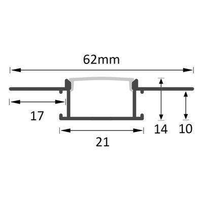 Technisches Diagramm der LED-Leuchte: Breite 62mm, Höhe 17mm. Die Teile sind in 21mm, 14mm und 10mm Höhe sichtbar, um die Genauigkeit zu gewährleisten.