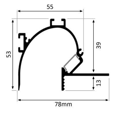 Technischer Querschnitt des Bauteils: Breite 78 mm, Höhe 53 mm, Innenhöhe 39 mm und Sockelhöhe 13 mm. Optimale LED-Beleuchtungslösungen.