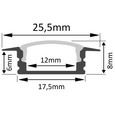 Querschnittsdarstellung eines Objekts mit einer Breite von 25,5 mm, einer Höhe von 8 mm und 6 mm, einer Basis von 17,5 mm und einer Innenbreite von 12 mm, ideal für LED-Beleuchtung.