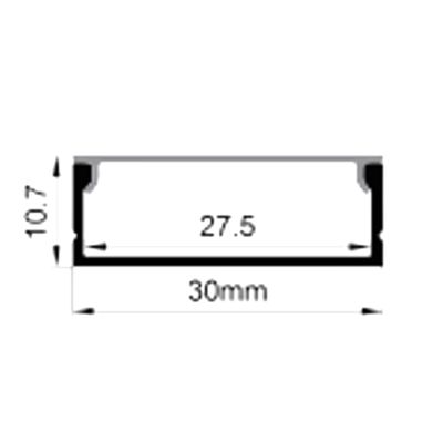 Querschnitt eines rechteckigen LED-Kanals: 27,5 mm Breite, 30 mm Basis und 10,7 mm Höhe, ideal für die Optimierung von LED-Beleuchtungsanlagen.