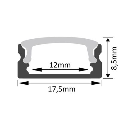 Diagramm: Dichtungsquerschnitt mit den Abmessungen - Außenbreite 17,5 mm, Innenbreite 12 mm, Höhe 8,5 mm für die präzise Abdichtung von LED-Leuchten.
