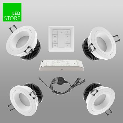 SEO-optimierter Alternativtext: "LED-Beleuchtungsset: 4 weiße Einbaulampen, Bedienfeld, Netzteil auf grauem Hintergrund.