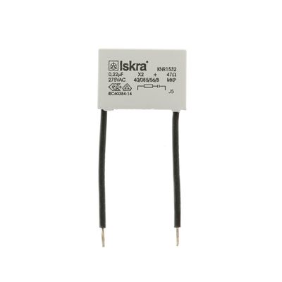 Iskra rechteckiger Kondensator mit schwarzem Draht, Spezifikationen aufgedruckt; Ein wesentlicher Bestandteil der LED-Beleuchtung, der die Produktpalette im Shop erweitert.