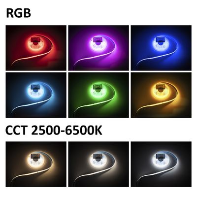 RGB- und CCT-LED-Leuchtbänder in den Farben Rot, Violett, Blau, Weiß, Grün und Gelb; Weißtemperatur von 2500K bis 6500K für vielseitige Beleuchtung.