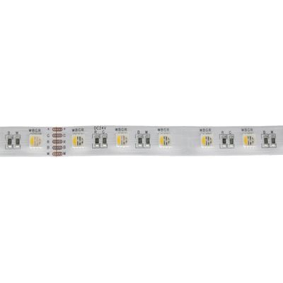 Nahaufnahme eines weißen RGB-LED-Streifens mit WBGR DC24V-Etikett, der helle, farbenfrohe und energieeffiziente Beleuchtungsoptionen für zu Hause oder im Büro bietet.
