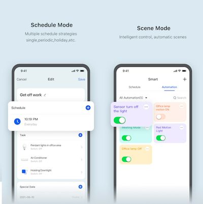 Smartphone-Displays mit Zeitplanungs- und Szenenmodi für die automatische LED-Beleuchtungssteuerung, die eine Reihe von Optionen und Einstellungen zeigen.