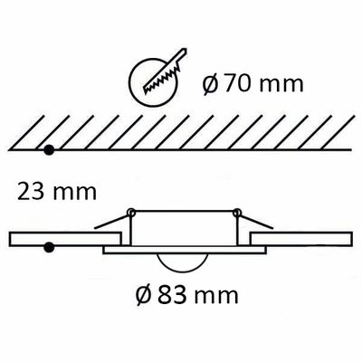 Kreissägediagramm: Schnittdurchmesser 70 mm, Tiefe 23 mm und Aussparungsdurchmesser 83 mm, zeigt präzise Schnitte für LED-Beleuchtungsprojekte.